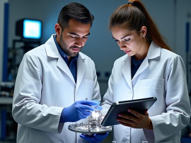 Ingenieros de Zanami Metals inspeccionando componentes metálicos de alta calidad en un laboratorio o planta.
