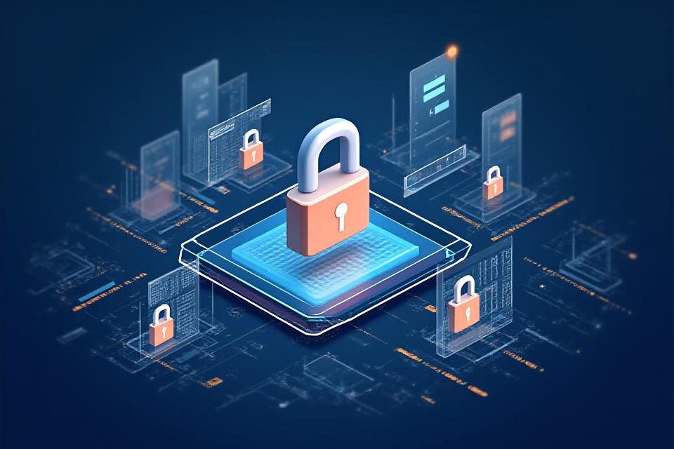 Ilustración de conceptos de seguridad de datos, con escudos y candados digitales sobre información fluyendo.