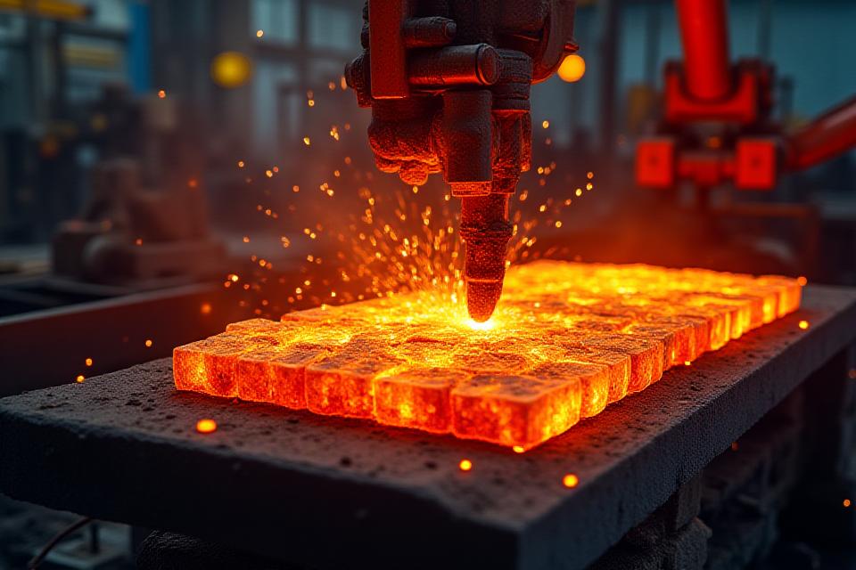 Lingotes de metal brillante de alta pureza al rojo vivo, con chispas, en un entorno de fundición industrial automatizado