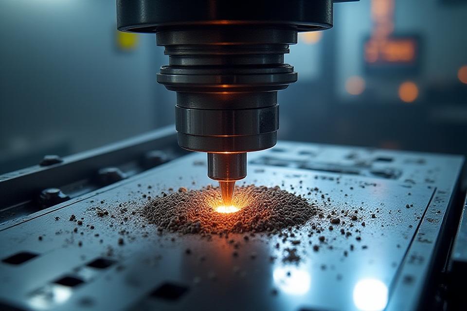 Primer plano de una fresadora CNC de 5 ejes, con una pieza de metal compleja siendo mecanizada con precisión milimétrica, generando pequeñas virutas metálicas brillantes