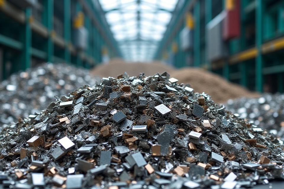 Montones de chatarra metálica clasificada por tipo, como aluminio, cobre y acero, esperando ser procesada en una planta de reciclaje moderna, con un enfoque en la sostenibilidad
